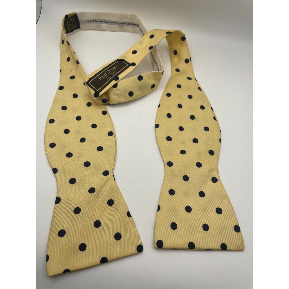 Paul Stuart New York Mens Yellow Navy Polka Dot Silk Self-Tie Bow Tie England